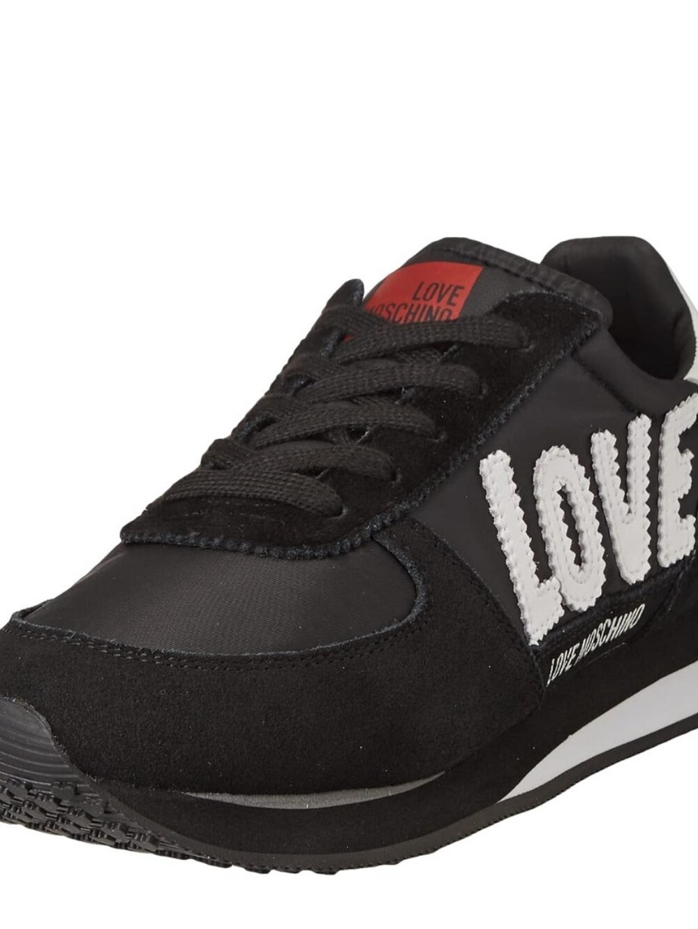 Love Moschino Black Sneaker with White 'LOVE' Appliqué and Red Tongue Tag